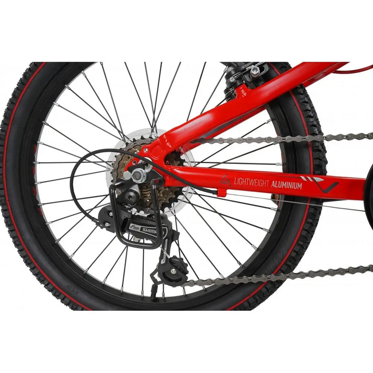Close-up of the rear wheel, cassette, and Shimano derailleur on the red Dawes Bullet HT bike.