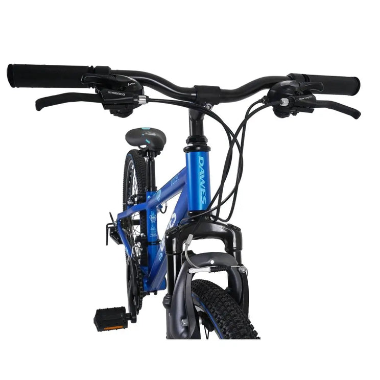Angled front view of the head tube and handlebars on the Dawes Bullet HT 24-inch bike.
