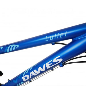 Detail view of the Dawes and Bullet logos on the blue aluminum frame of the kids' bike.
