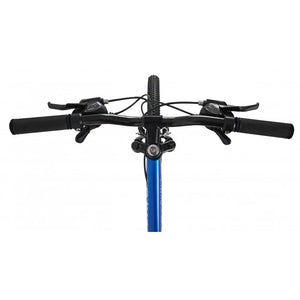 Top-down view of the handlebars on the blue Dawes Bullet HT bike.