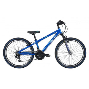 Full side view of the blue Dawes Bullet HT 24-inch kids' mountain bike