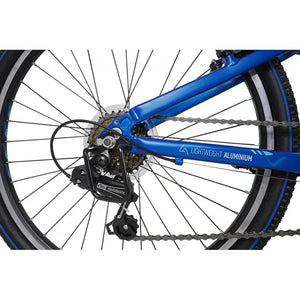 Close-up of the rear wheel, cassette, and Shimano derailleur on the blue Dawes Bullet HT bike.