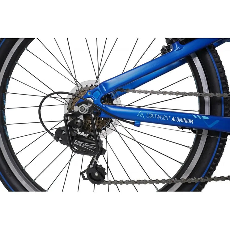 Close-up of the rear wheel, cassette, and Shimano derailleur on the blue Dawes Bullet HT bike.