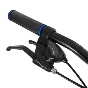 Close-up of the Shimano 6-speed shifter and brake lever on the handlebars of the Dawes Bullet HT 24-inch bike.