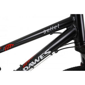 Detail view of the Dawes and Bullet logos on the black aluminum frame of the kids' bike.