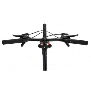 Top-down view of the handlebars, including the grips, on the Dawes Bullet HT 26-inch bike.