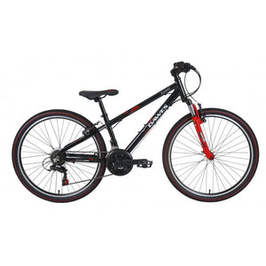 Full side view of the black and red Dawes Bullet HT 26-inch kids' mountain bike.