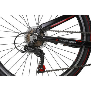 Close-up of the rear wheel, cassette, and Shimano derailleur on the black and red Dawes Bullet HT bike.