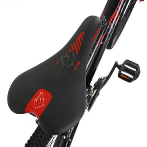 Close-up of the black and red saddle and pedal on the Dawes Bullet HT 26-inch bike.