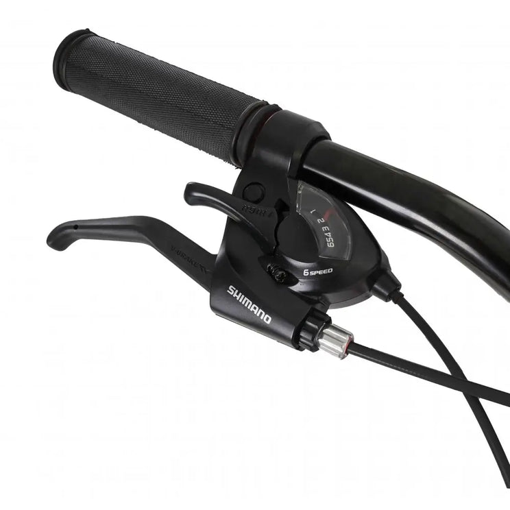 Close-up of the Shimano 6-speed gear shifter and brake lever on the handlebars.