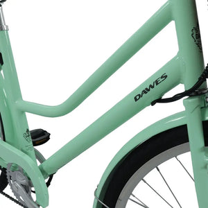 Detail of the Dawes Elegance Electric Bike showing the downtube with branded logo and frame design.