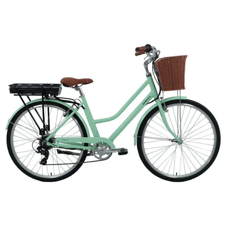 Side view of the Dawes Elegance Low Step Electric Hybrid Bike featuring a mint green frame, brown saddle, rear battery rack, and front wicker basket.