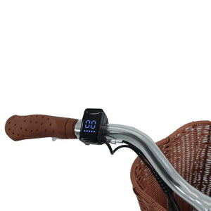 Digital handlebar display and brown grips of the Dawes Elegance Electric Hybrid Bike with front basket.