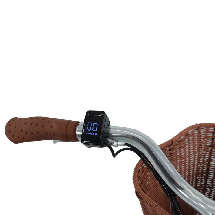 Digital handlebar display and brown grips of the Dawes Elegance Electric Hybrid Bike with front basket.