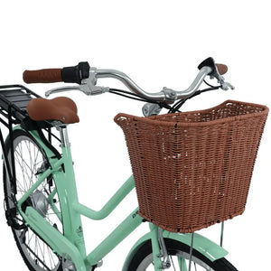 Close-up of the Dawes Elegance Electric Bike showing the front basket, curved handlebar, and step-through frame.