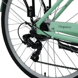 Close-up of the Dawes Elegance Low Step Electric Bike’s rear derailleur, wheel, and cassette with Shimano Tourney gear system.