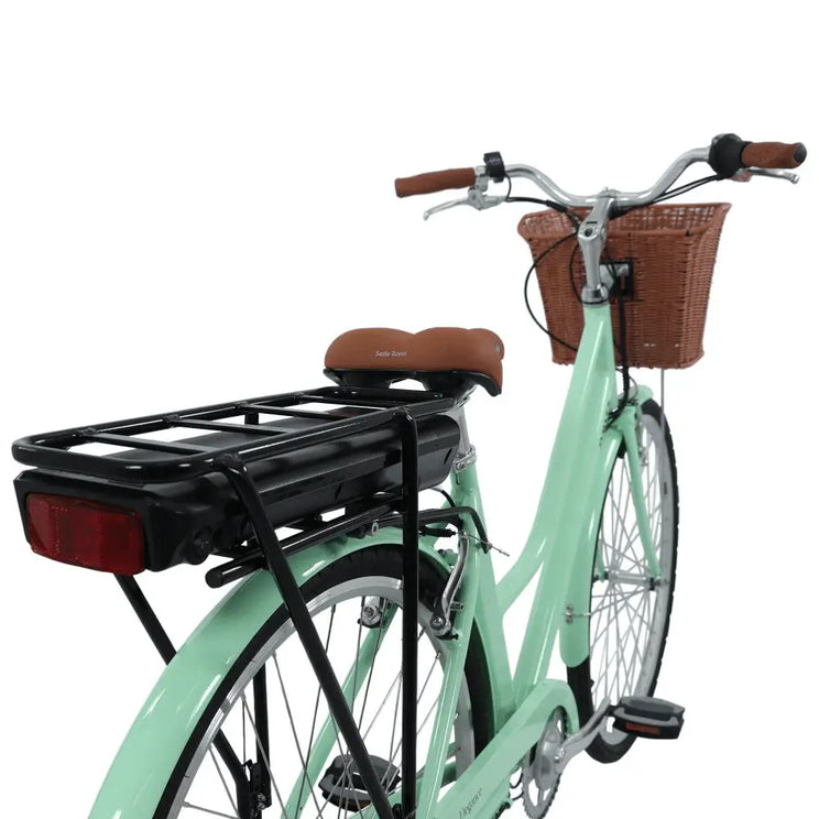 Rear view of the Dawes Elegance Low Step Electric Hybrid Bike showing rear-mounted battery rack and brown saddle.