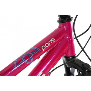 The "Paris" model name visible on the hot pink frame of the Dawes HT 20-inch bike.