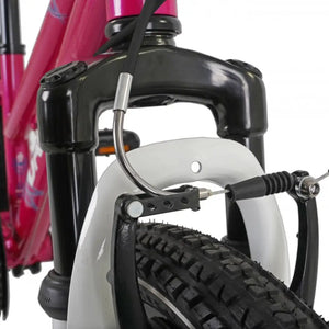 Close-up of the front V-brake and suspension fork on the Dawes Paris HT 20-inch children's bicycle.