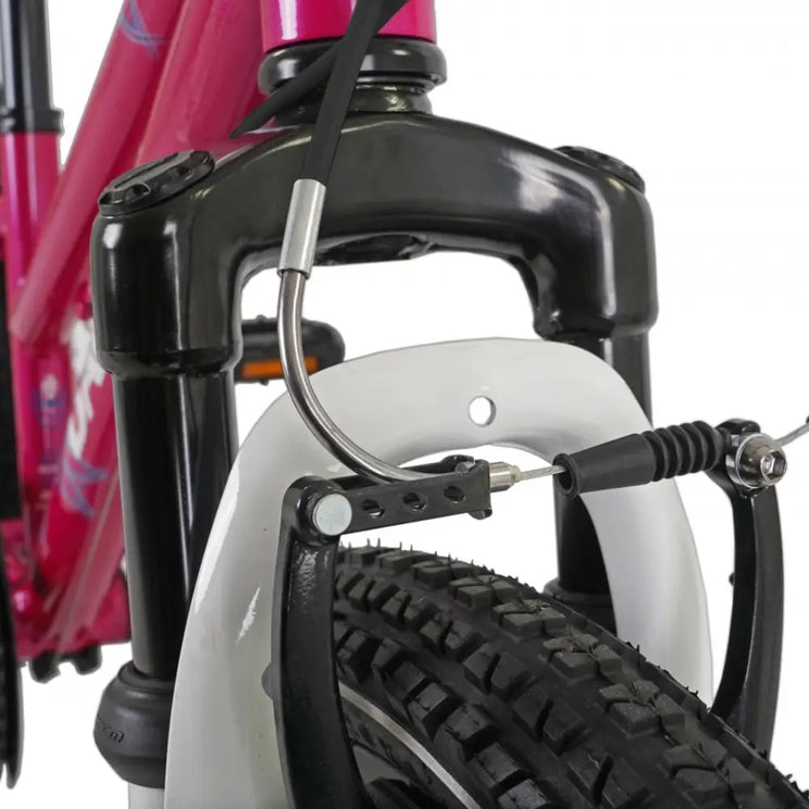 Close-up of the front V-brake and suspension fork on the Dawes Paris HT 20-inch children's bicycle.