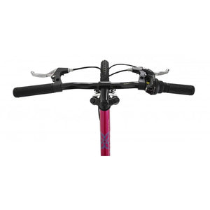 Top-down view of the handlebars, brake levers, and gear shifter on the pink Dawes Paris HT 20-inch kids' bike.