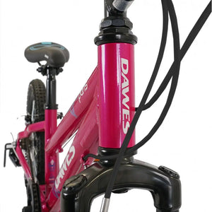 Angled close-up of the head tube and "Dawes" logo on the frame of the pink Paris HT 20-inch bike.