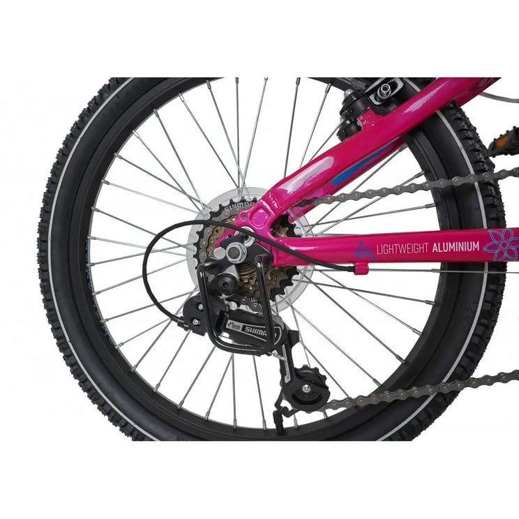 Detail view of the rear wheel, cassette, and Shimano derailleur on the Dawes Paris HT 20-inch children's bike.