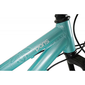 Detail view of the "Paris" model name on the turquoise frame of the Dawes HT 24-inch bicycle.