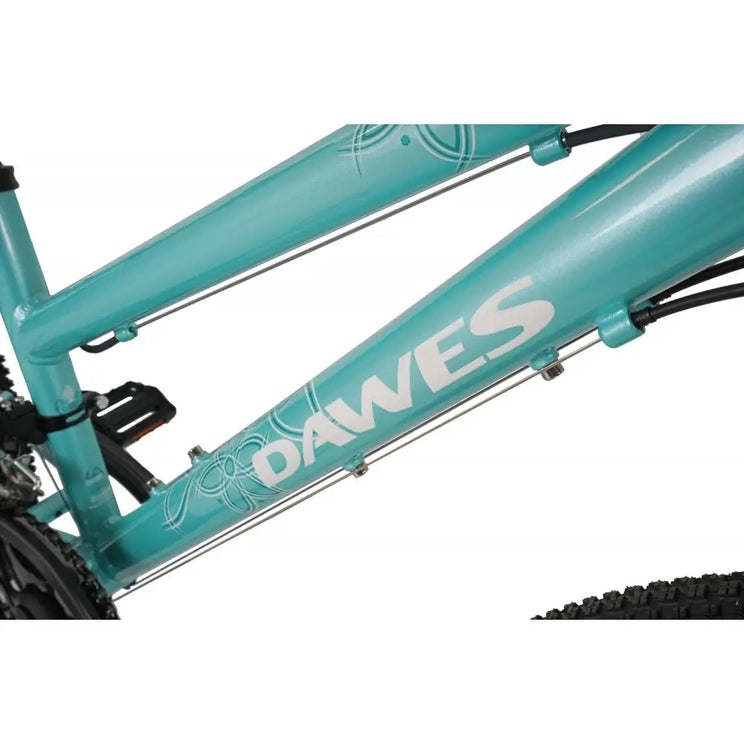 Detail shot of the turquoise frame on the Dawes Paris HT 24-inch bike highlighting the white Dawes logo and decorative flower decals on the downtube.