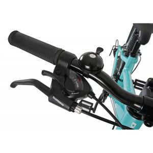 Close-up of the Shimano gear shifter, brake levers, and bell on the handlebars of the Dawes Paris HT 24-inch bike.