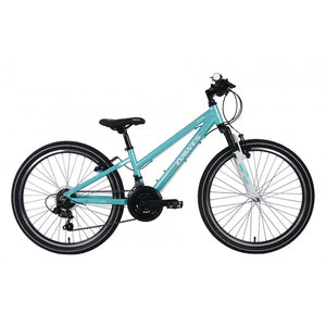 Full side view of the turquoise Dawes Paris HT 24-inch kids' mountain bike.