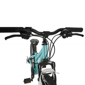 Rider's eye view of the Dawes Paris HT 24-inch mountain bike showing the Shimano gear shifters, handlebars, and front suspension fork.
