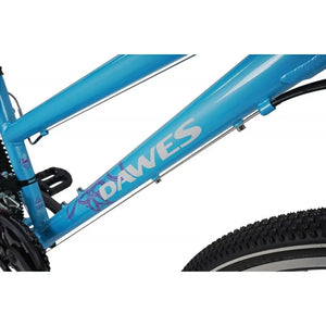 Close-up of the "Dawes" model name on the blue frame of the Dawes HT 26-inch kids' bike.