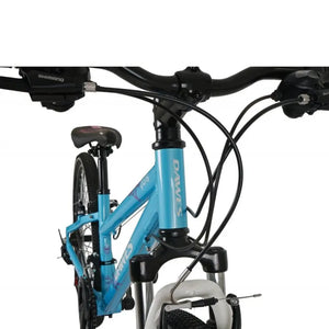 Front view of the blue Dawes Paris HT 26-inch bike, showing the handlebars, front suspension, and head tube.