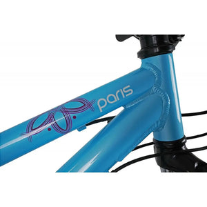 Detail view of the "Paris" logo on the blue frame of the Paris HT 26-inch bicycle.