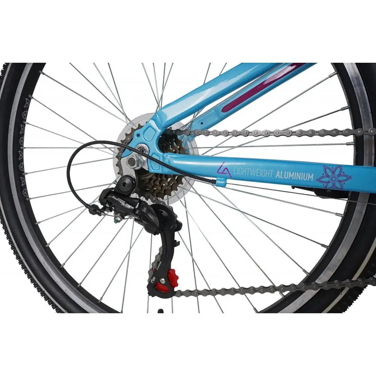 A close-up of the rear wheel, lightweight aluminum frame, and Shimano derailleur on the Dawes Paris HT 26-inch bike.