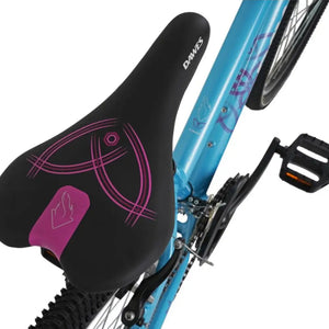 Close-up shot of the Dawes-branded saddle and pedals on the Paris HT 26-inch bike.