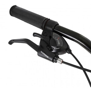 Detail of the Shimano 6-speed shifter and brake lever on the handlebars of the Dawes Paris HT 26-inch bike.