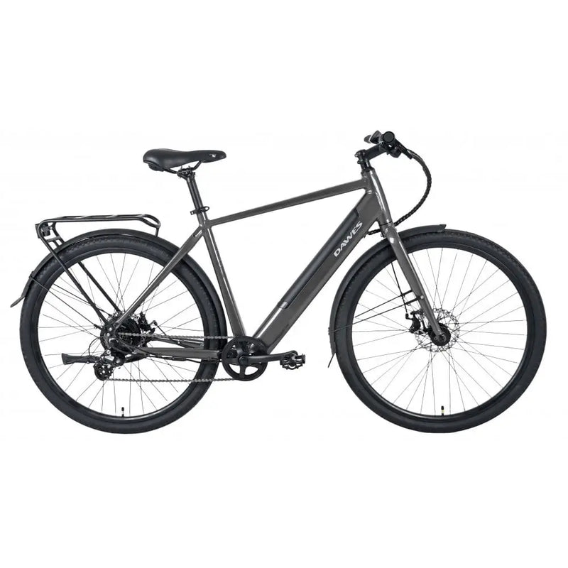 Side profile of the Dawes Scenic Crossbar Electric Hybrid Bike 250W in black, featuring integrated battery, rear rack, and disc brakes.