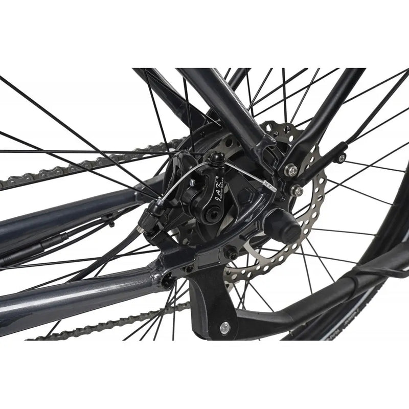 Close-up view of the rear disc brake system on the Dawes Scenic Crossbar Electric Hybrid Bike 250W in black.