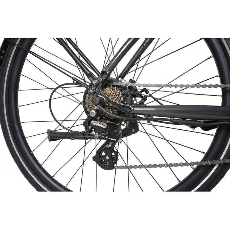 Rear wheel and gear cassette with Shimano Altus derailleur on the Dawes Scenic Crossbar Electric Hybrid Bike 250W in black.