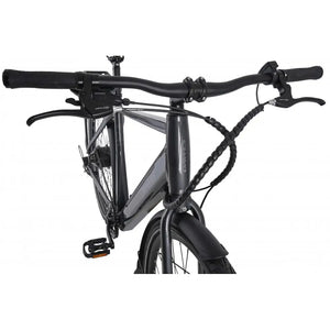 Front handlebar and brake lever setup on the Dawes Scenic Crossbar Electric Hybrid Bike 250W in black.