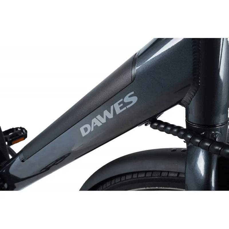 Close-up of the Dawes Scenic Crossbar Electric Hybrid Bike 250W frame logo in black, showing integrated battery housing and smooth frame lines.