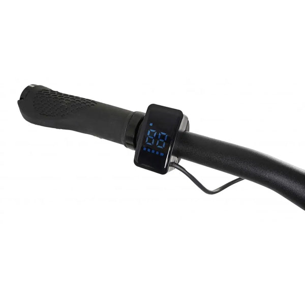 Close-up view of the Dawes Scenic Crossbar Electric Hybrid Bike 250W handlebar with digital display showing speed and assist levels in black finish.