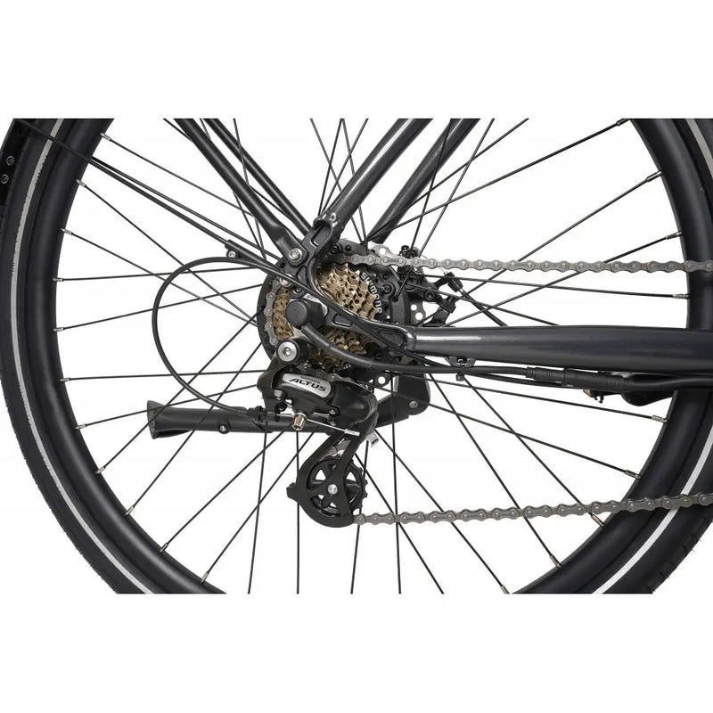 Rear disc brake system of Dawes Scenic Low Step electric hybrid bike in grey for reliable stopping power.