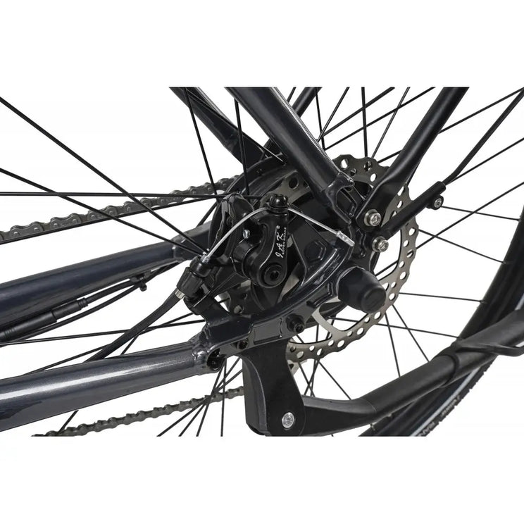 Shimano Altus rear derailleur and gear system of Dawes Scenic Low Step electric hybrid bike in grey.