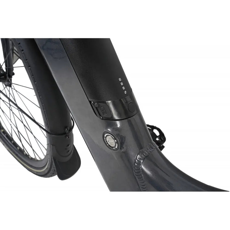 Close-up of the Dawes Scenic Low Step electric hybrid bike battery port