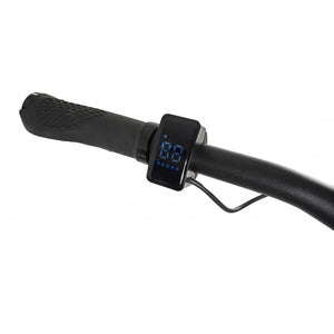 Close-up view of the Dawes Scenic Low Step Electric Hybrid Bike 250W handlebar with digital display.