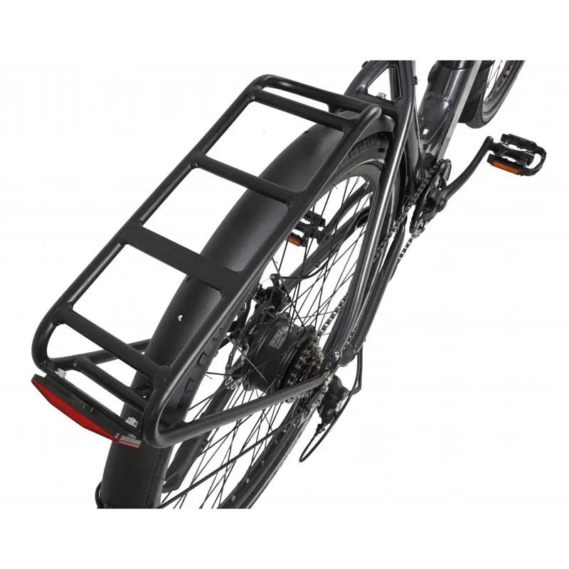 Rear cargo rack of Dawes Scenic Low Step electric hybrid bike in grey, designed for carrying panniers or bags.