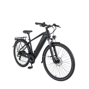 Front angled view of the Dawes Spire 1.0 Crossbar electric hybrid bike in black, showing frame design, suspension fork, and wheel setup.